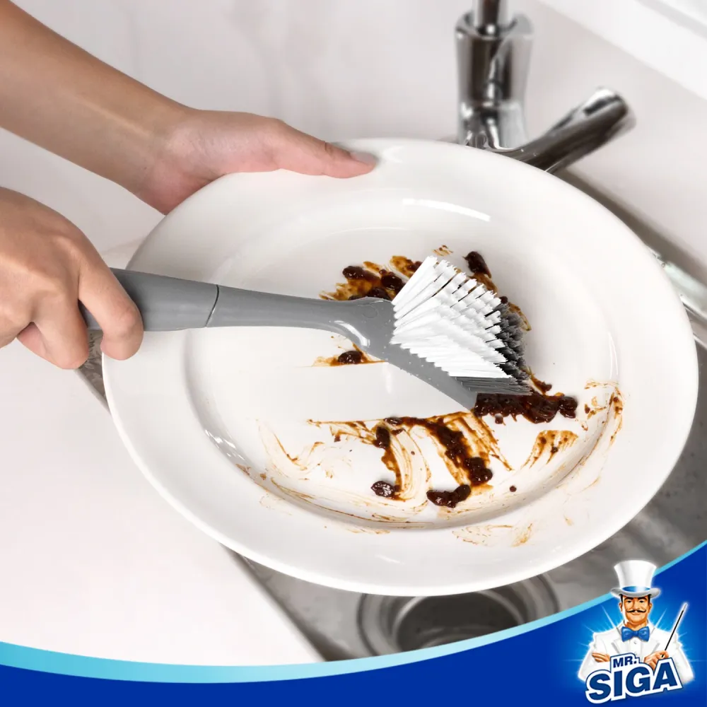MR.SIGA Dish Brush Non Slip Handle Built- Scraper, Pack 2