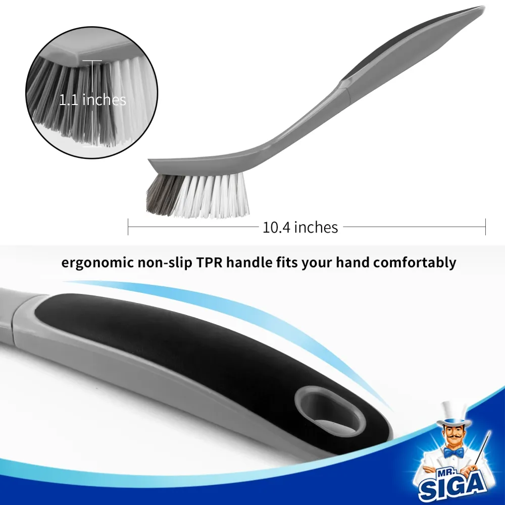 MR.SIGA Dish Brush Non Slip Handle Built- Scraper, Pack 2
