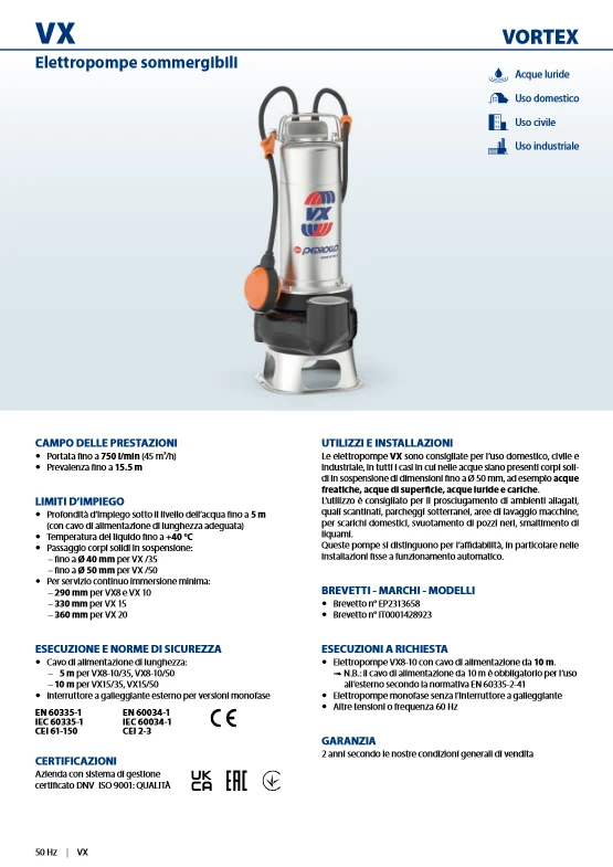 Vasca Idromassaggio Acrilica Elettropompa sommergibile PEDROLLO VXm 10/35 per drenaggio pozzi neri e liquami CAVO 10 METRI...