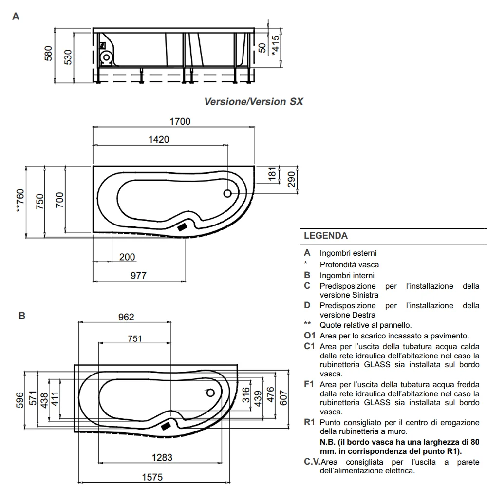 Vasca Bagno asimmetrica Curvy acrilico e Abs cm 170x70- Versione Destra