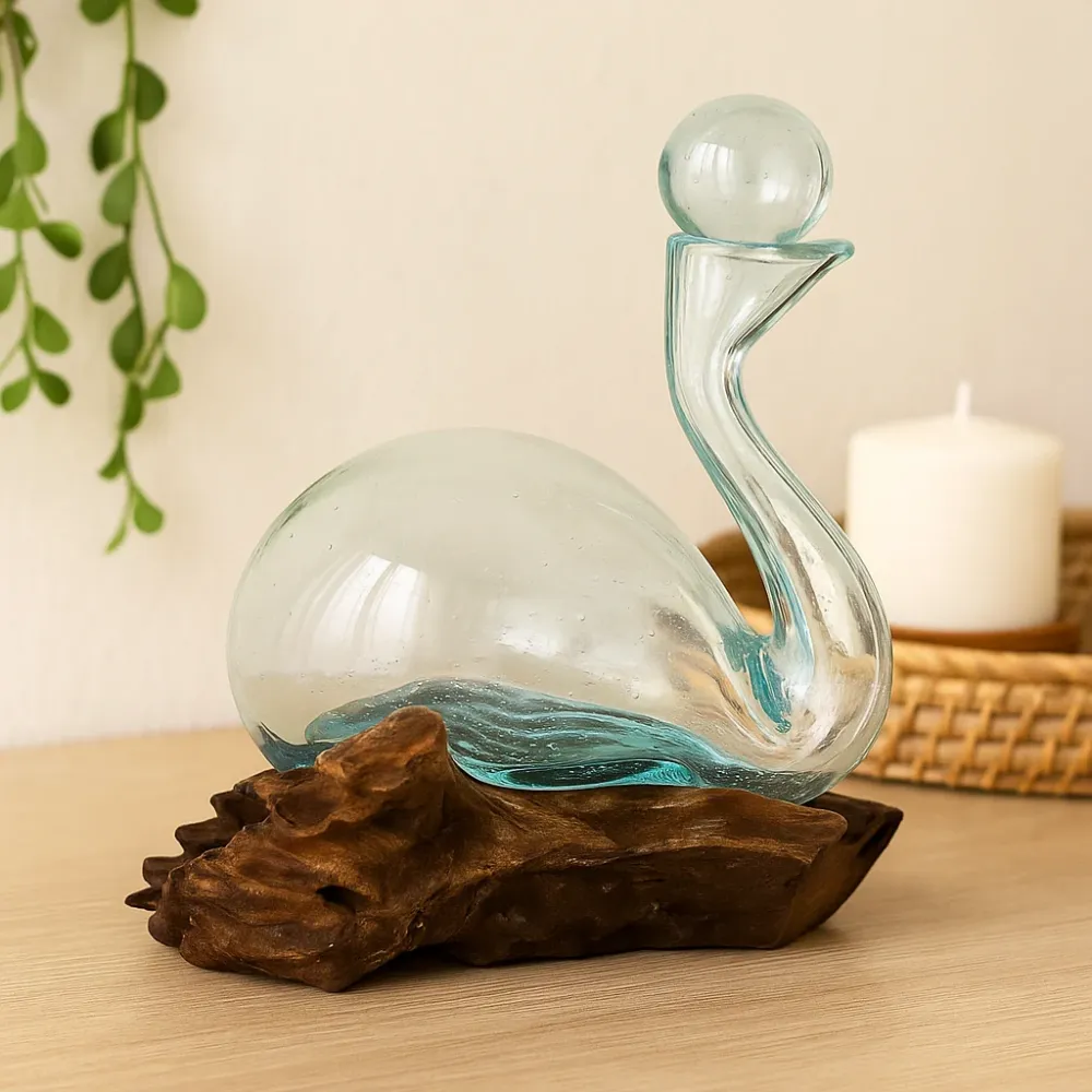 Decanter vetro soffiato mano con legno di deriva e tappo 19cm