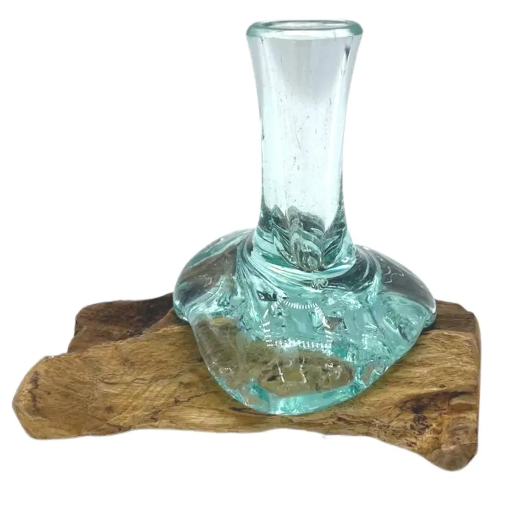 Vaso piccolo forma di fiore vetro fuso su legno