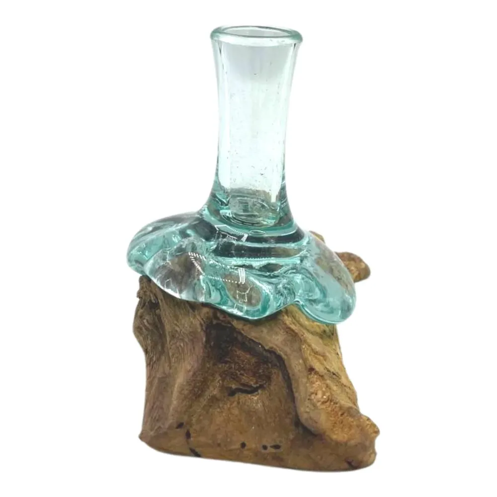 Vaso piccolo forma di fiore vetro fuso su legno
