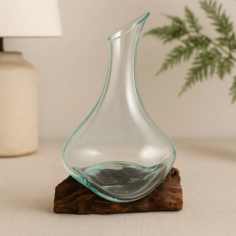 Vaso vetro fuso su base legno riciclato 20cm