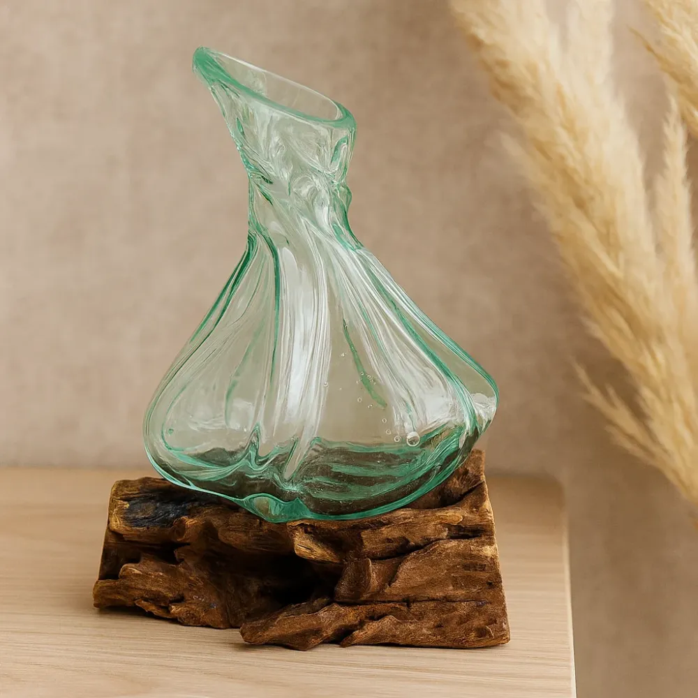 Vaso vetro fuso su legno di radice 24cm