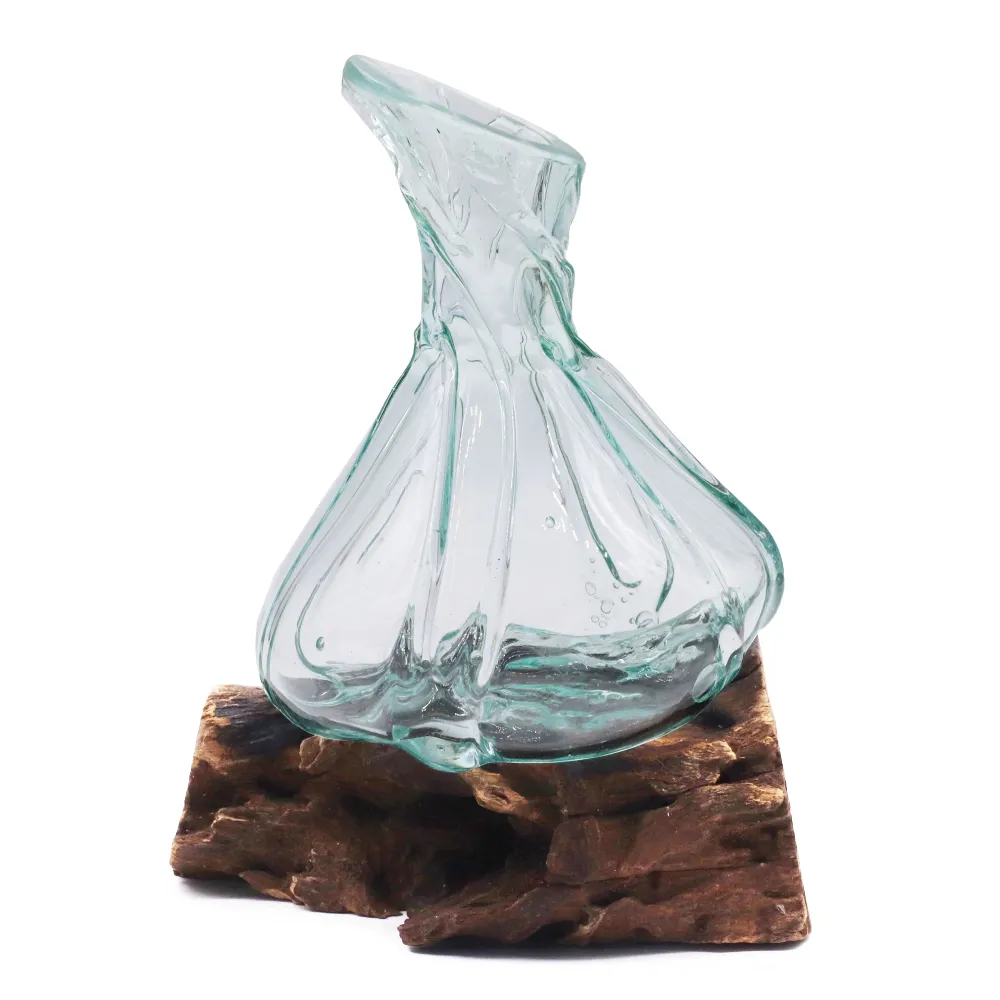 Vaso vetro fuso su legno di radice 24cm