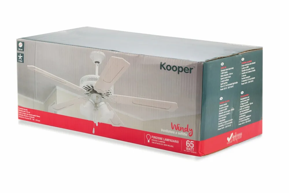 Ventilatore da Soffitto con 5 Pale e Lampada Ø130cm 3 Velocità Kooper Windy
